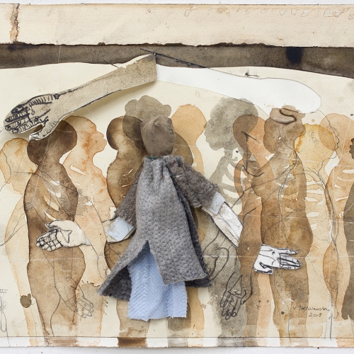 The Journey IV, 2018, spatial collage on paper with a textile figurine, 31.5 x 38 x 3.5 cm